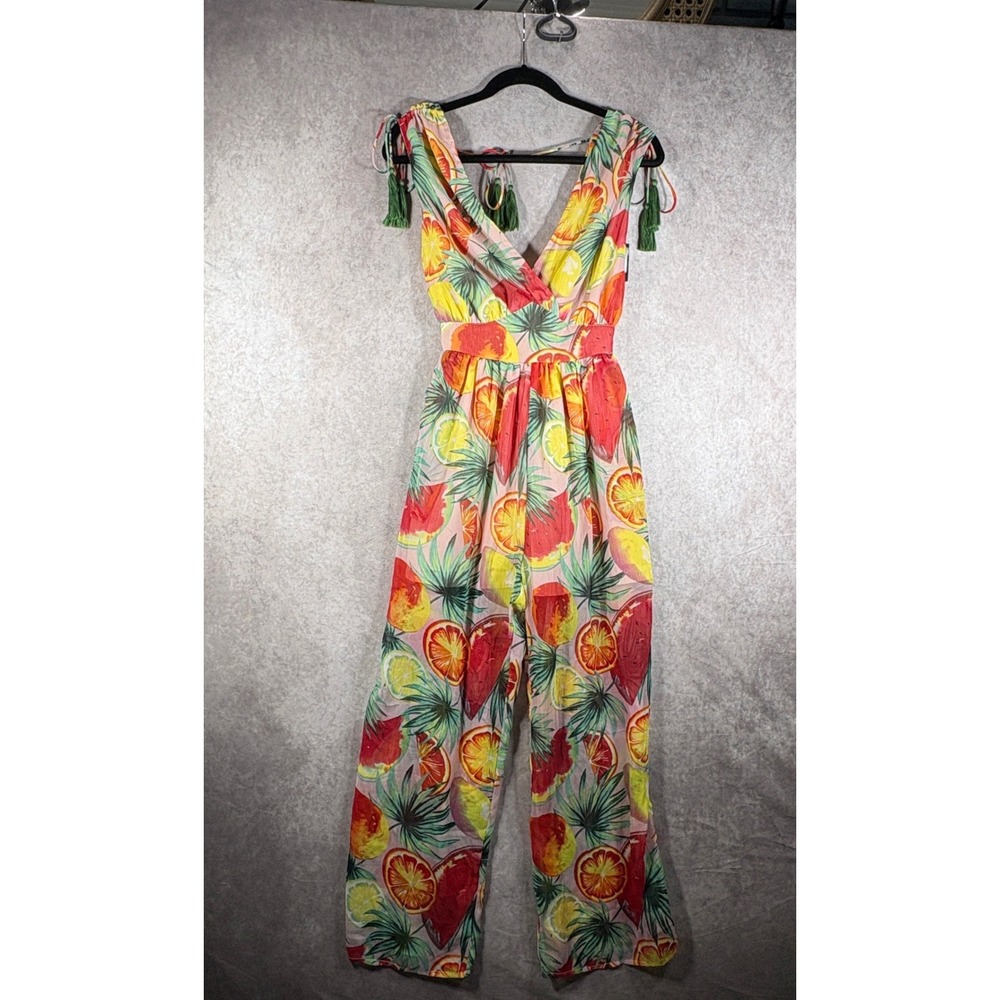 America & Beyond Jumpsuit Womens M Pink Fruit Punch Tropical Tassel Wide Leg NEW